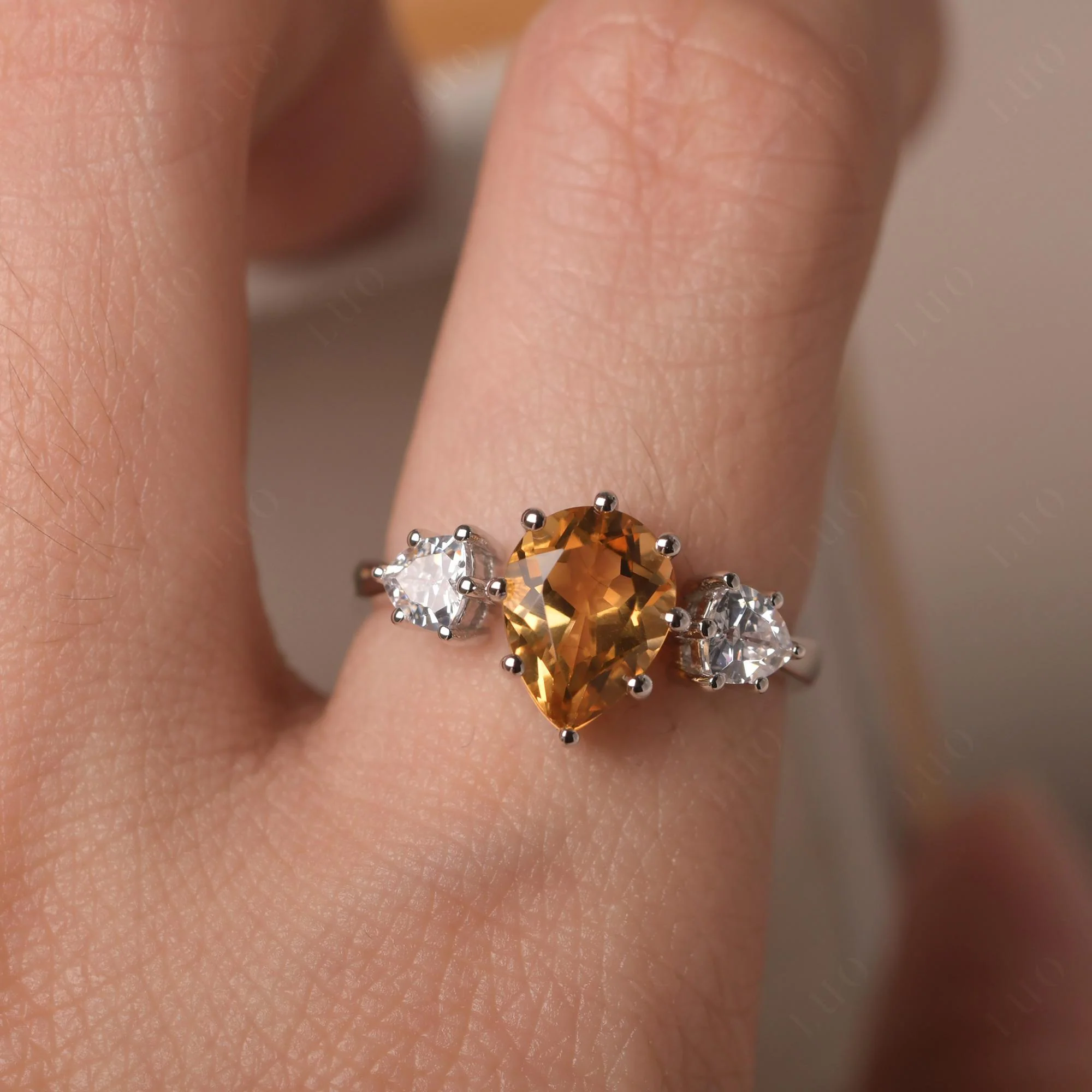 Pear Citrine Ring with Trillion Side Stone - Image 33
