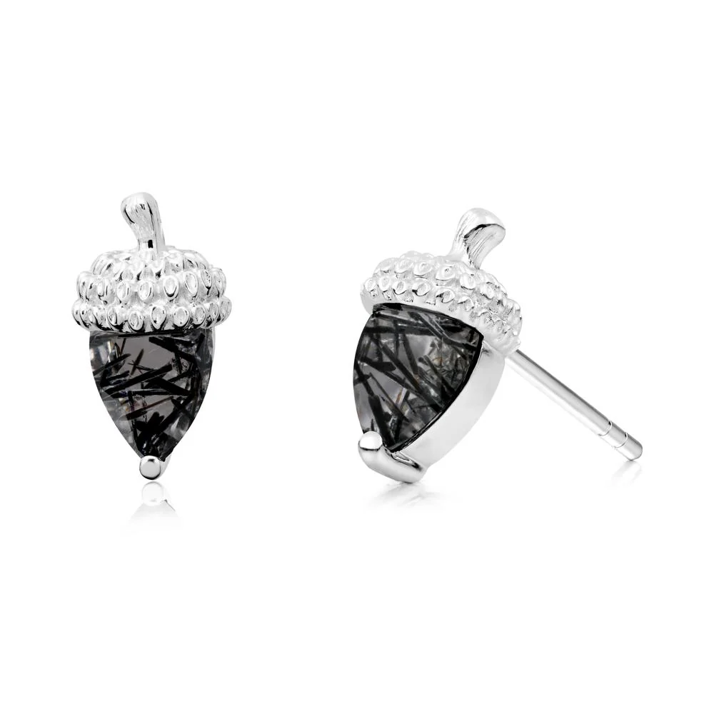 Pear Cut Black Rutilated Quartz Acorn Stud Earrings - Image 3