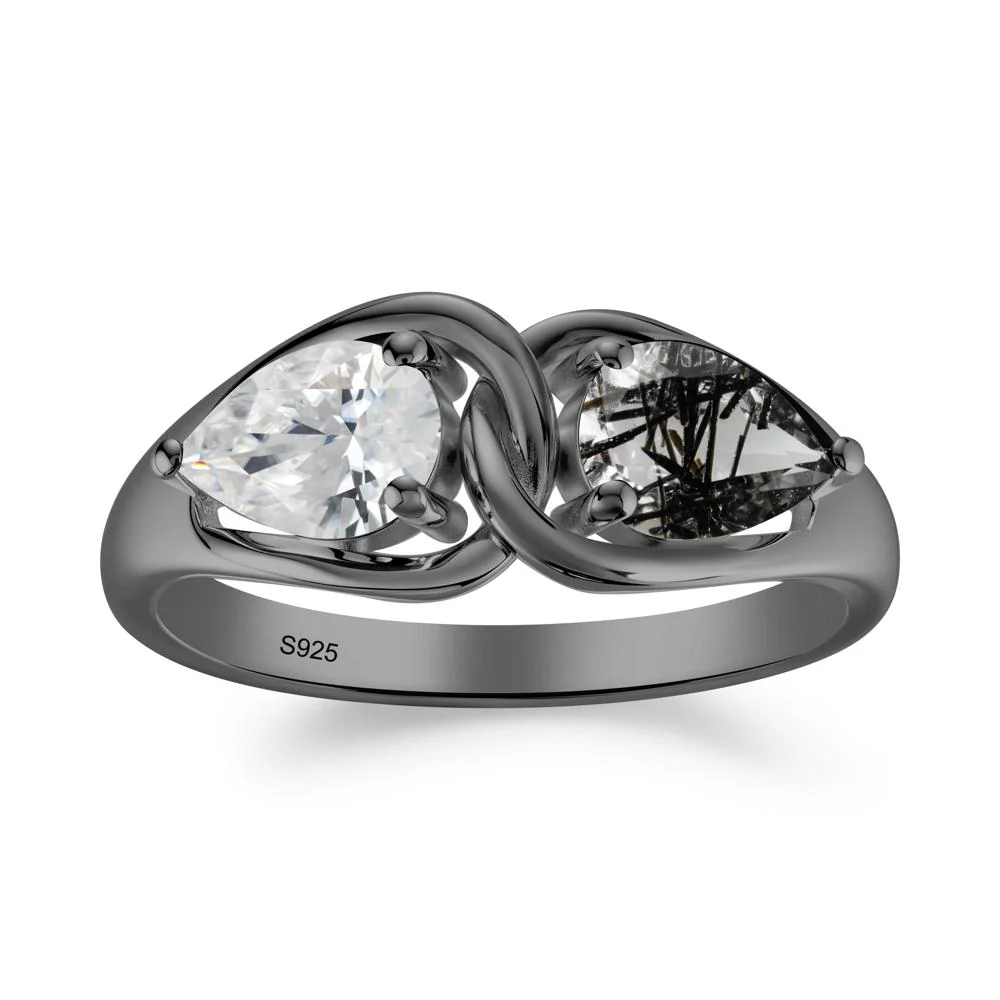 Pear Cut Black Rutilated Quartz and Cubic Zirconia Promise Toi Et Moi Ring - Image 6