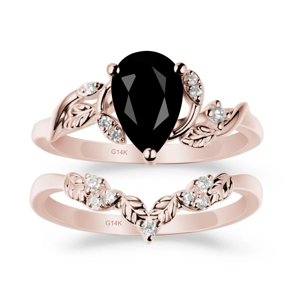Pear Cut Black Spinel Leaf Ring Set