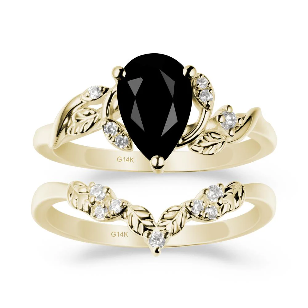 Pear Cut Black Spinel Leaf Ring Set - Image 3