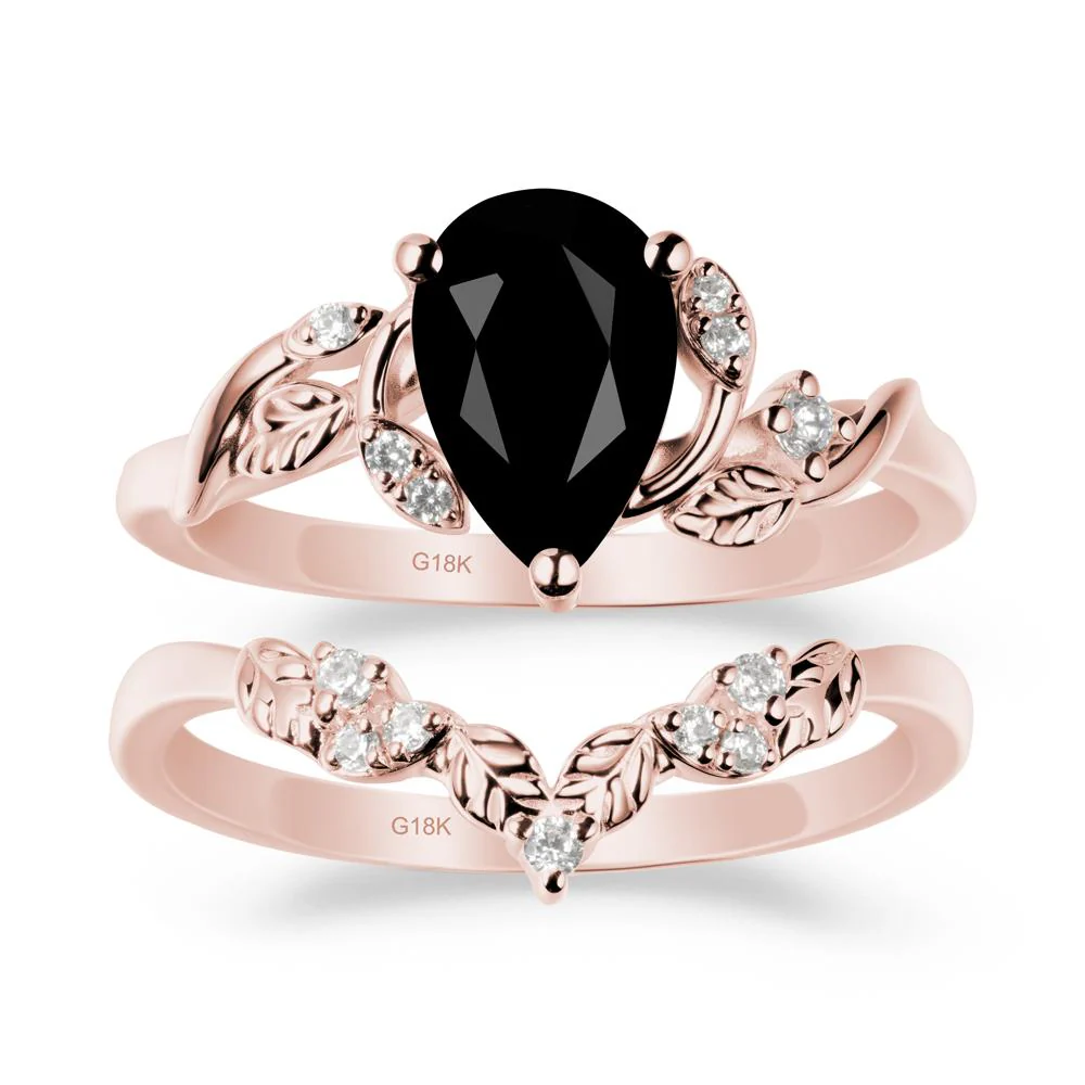Pear Cut Black Spinel Leaf Ring Set - Image 4