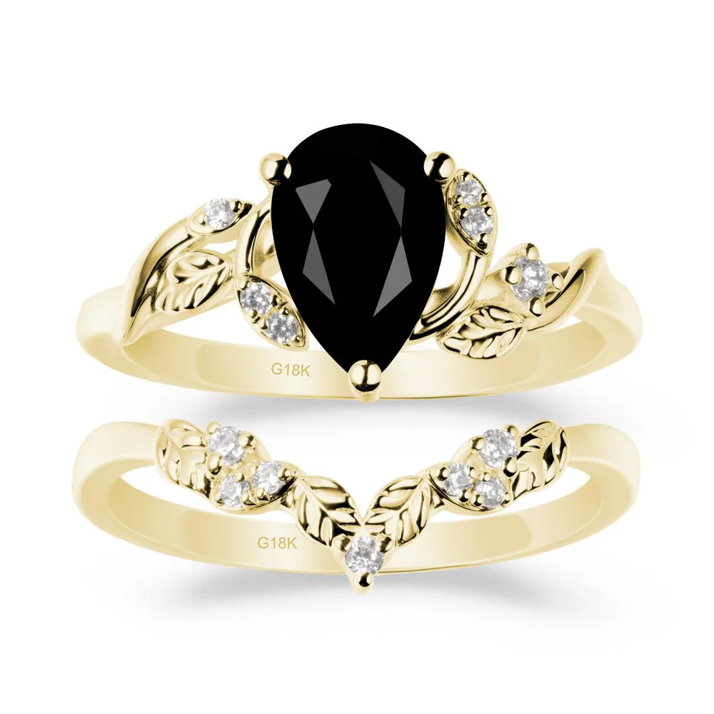 Pear Cut Black Spinel Leaf Ring Set - Image 6