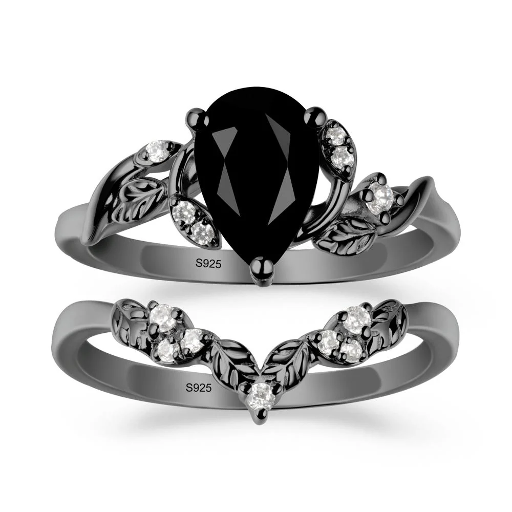 Pear Cut Black Spinel Leaf Ring Set - Image 7