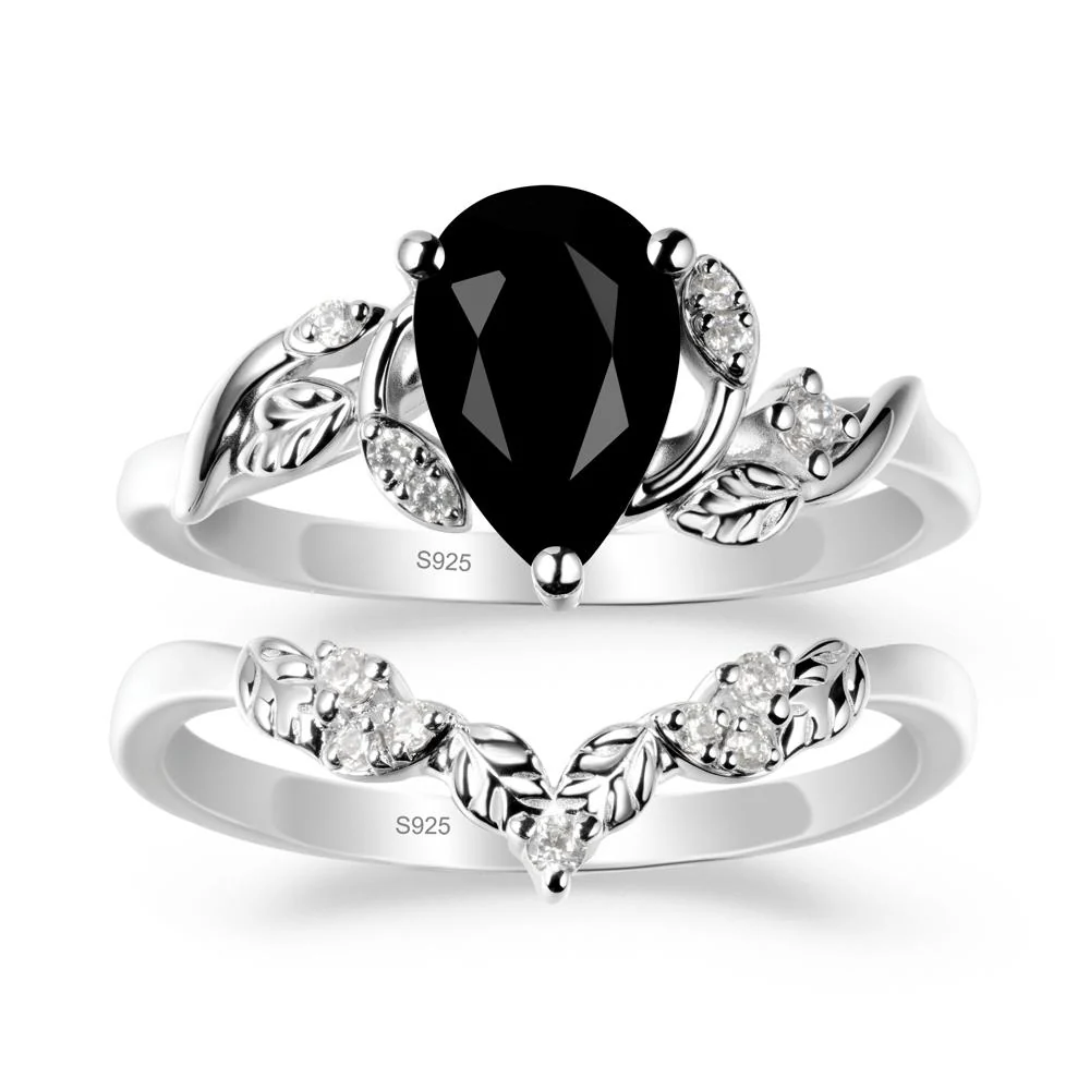 Pear Cut Black Spinel Leaf Ring Set - Image 9
