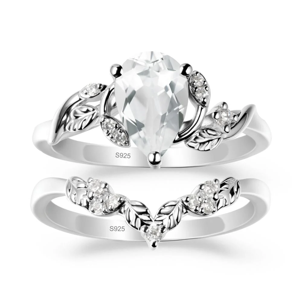 Pear Cut White Topaz Leaf Ring Set - Image 9