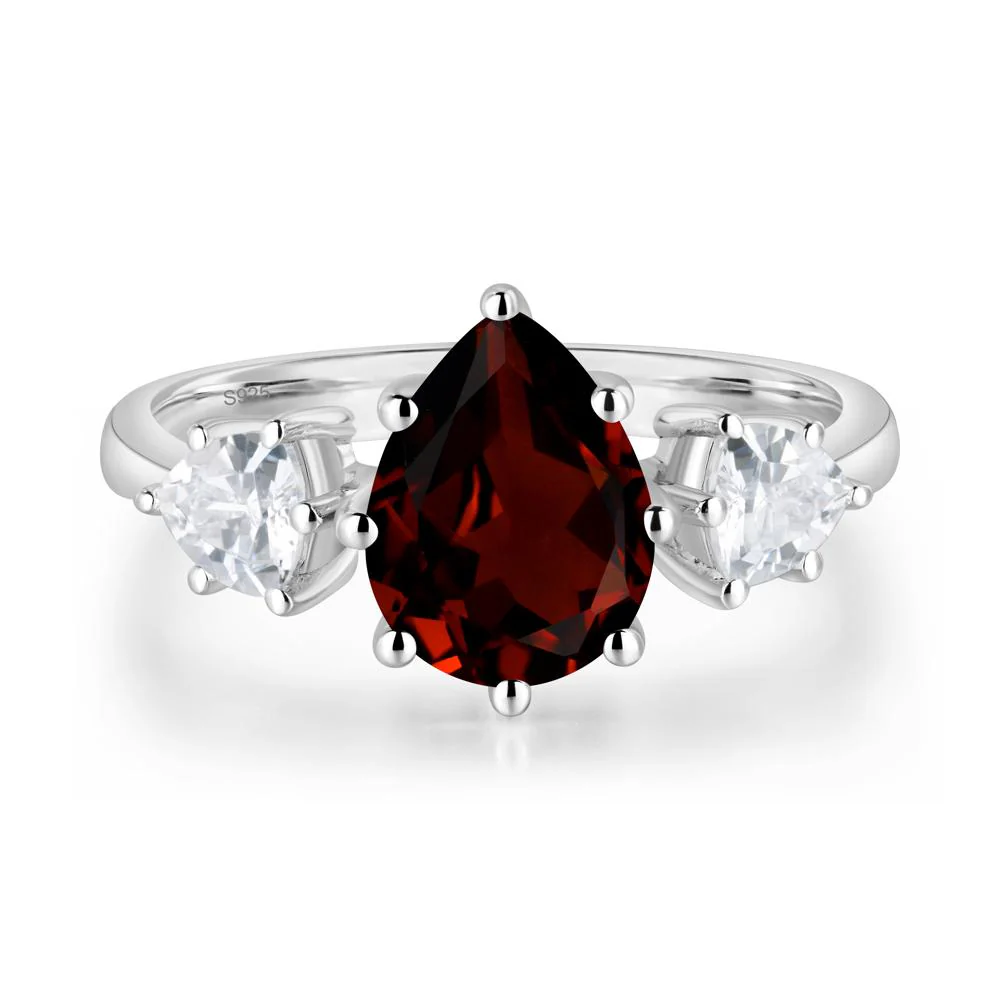Pear Garnet Ring with Trillion Side Stone