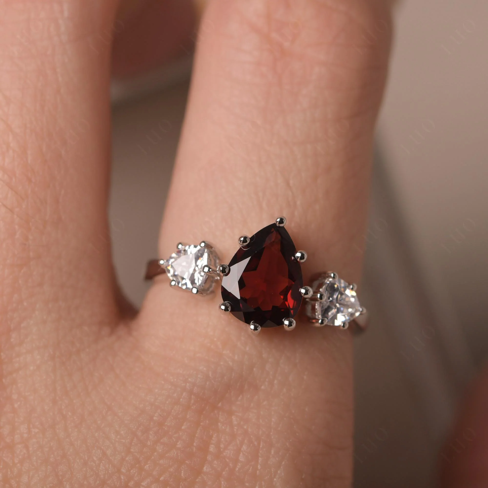 Pear Garnet Ring with Trillion Side Stone - Image 33