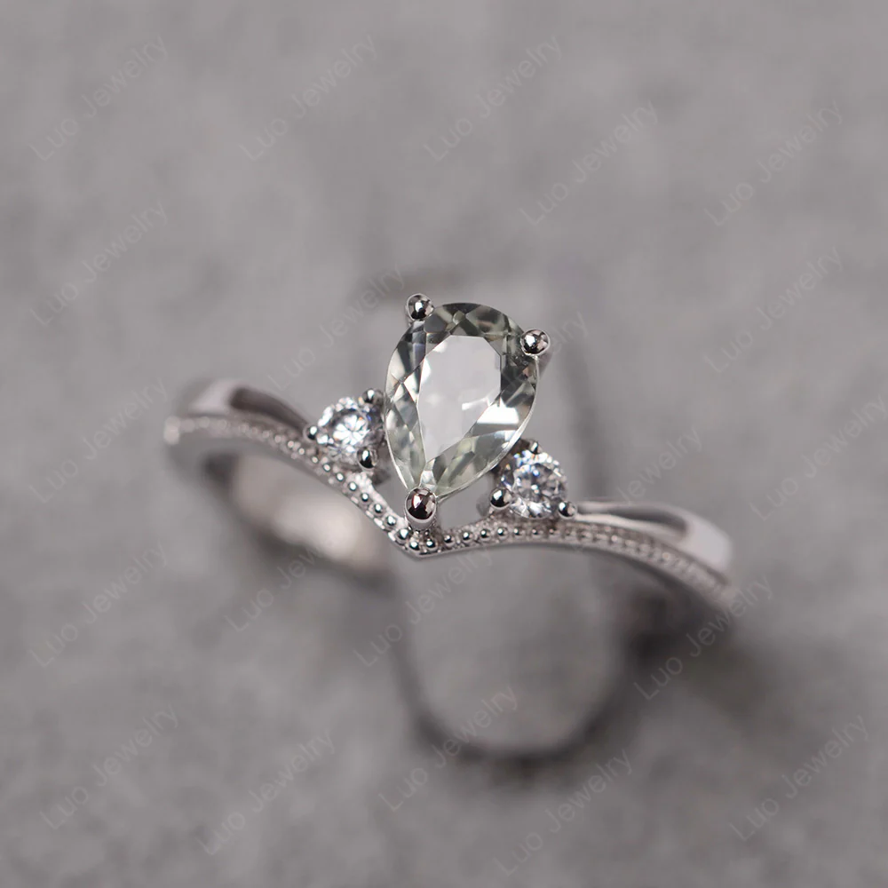 Pear Shaped Green Amethyst Chevron Ring