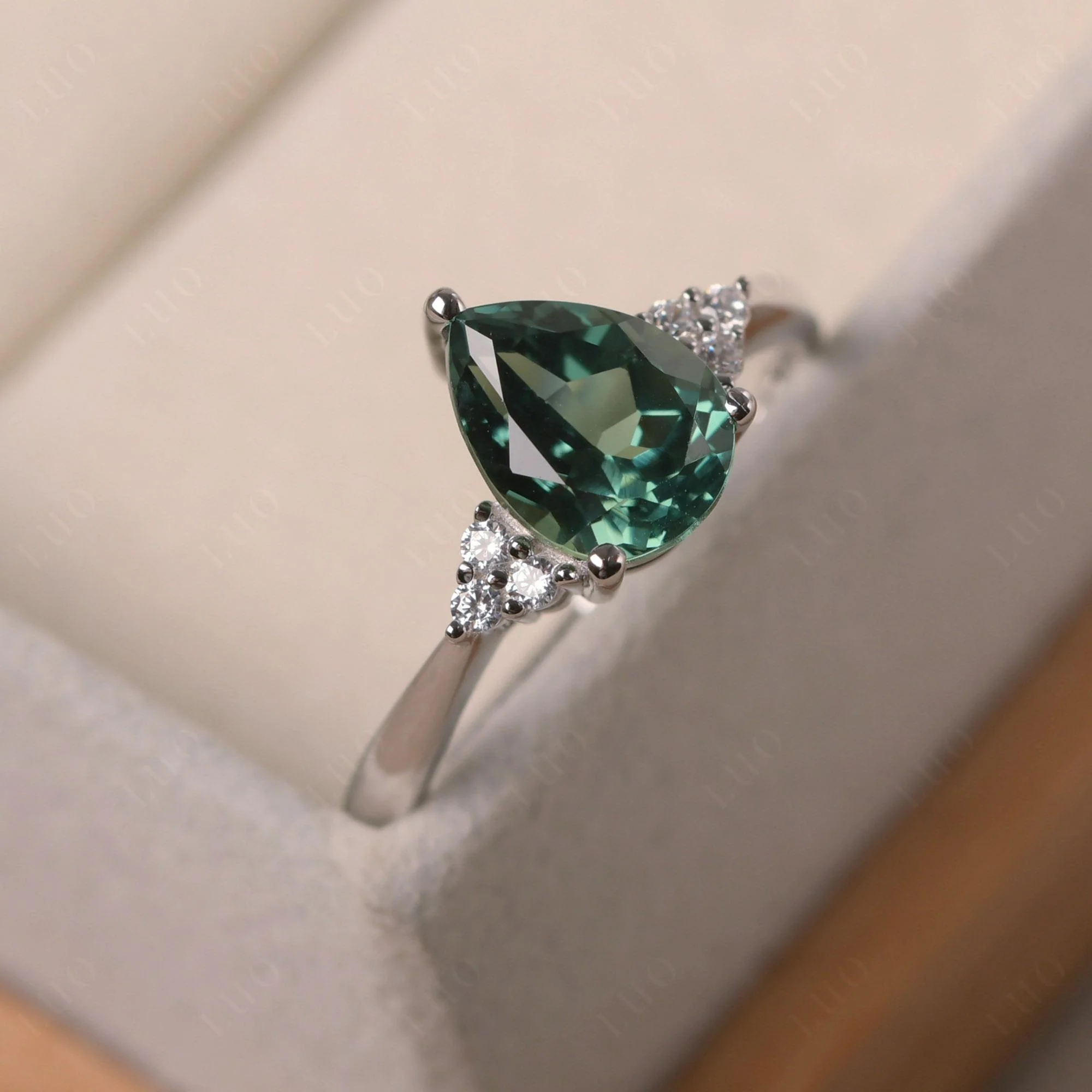 Pear Shaped Green Sapphire Promise Ring - Image 2
