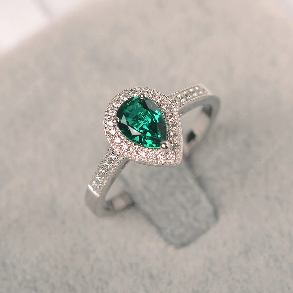 Pear Shaped Emerald Milgrain Halo Ring