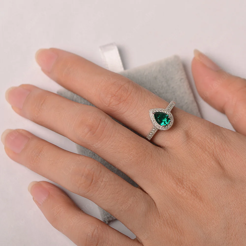 Pear Shaped Emerald Milgrain Halo Ring - Image 3