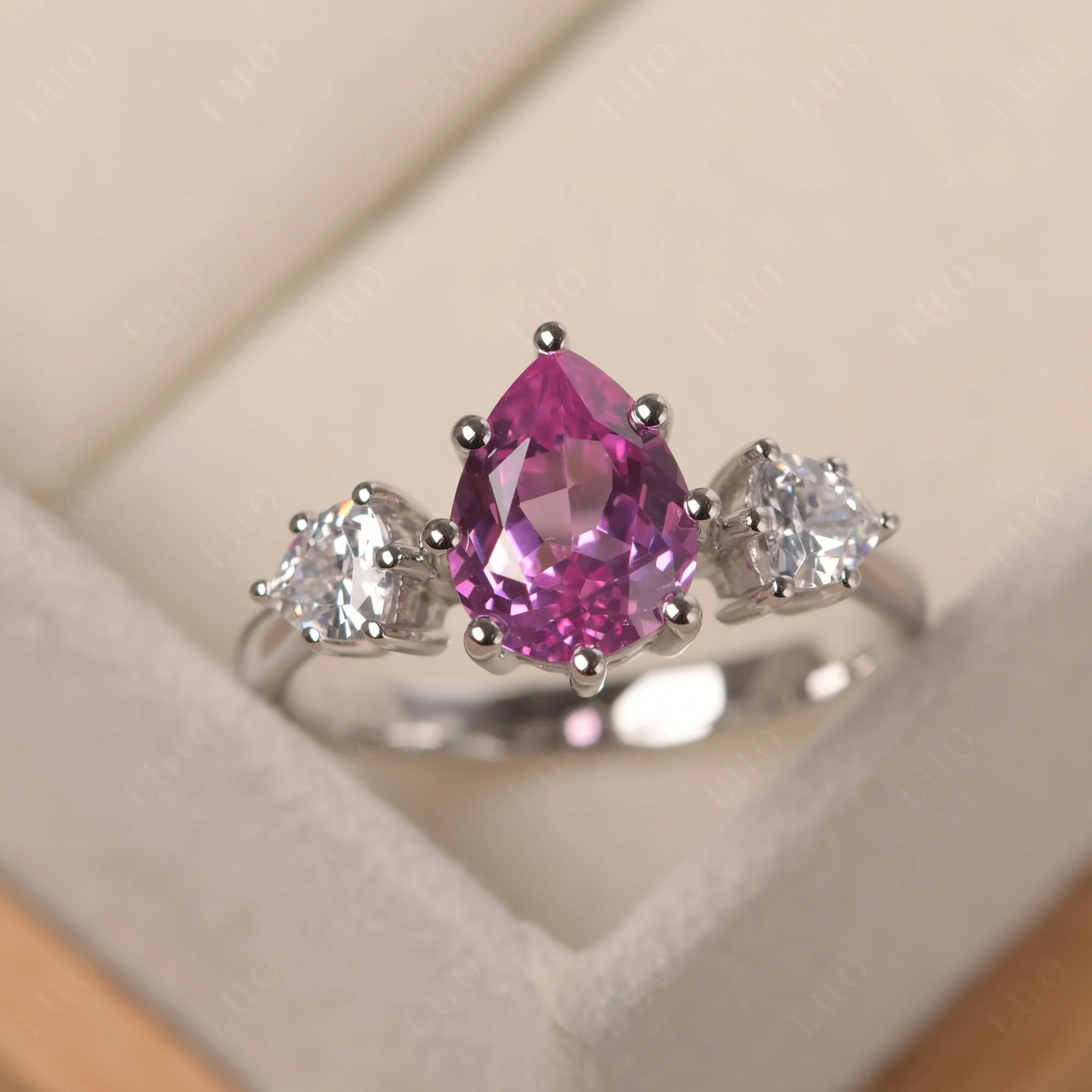 Pear Pink Sapphire Ring with Trillion Side Stone - Image 29