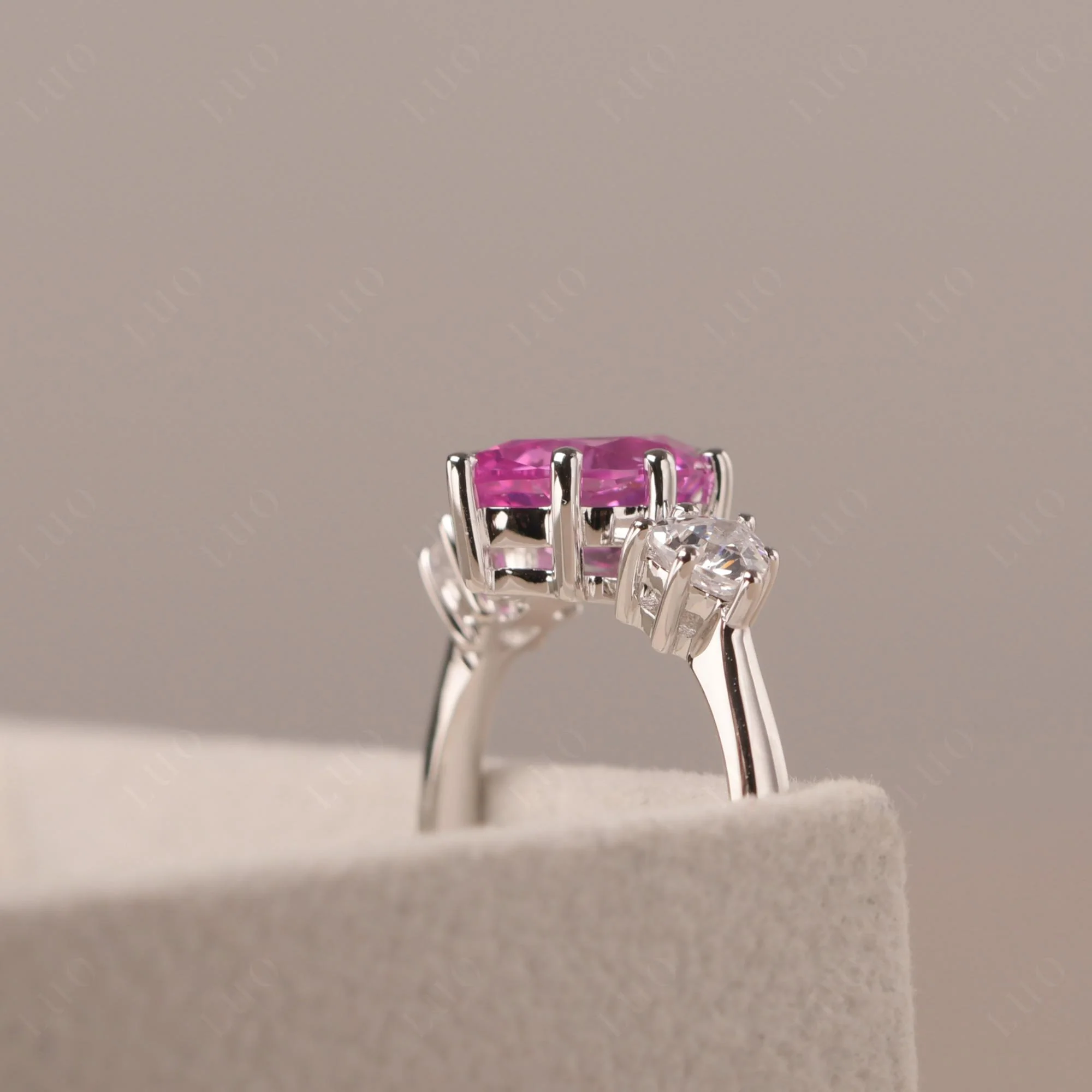 Pear Pink Sapphire Ring with Trillion Side Stone - Image 32