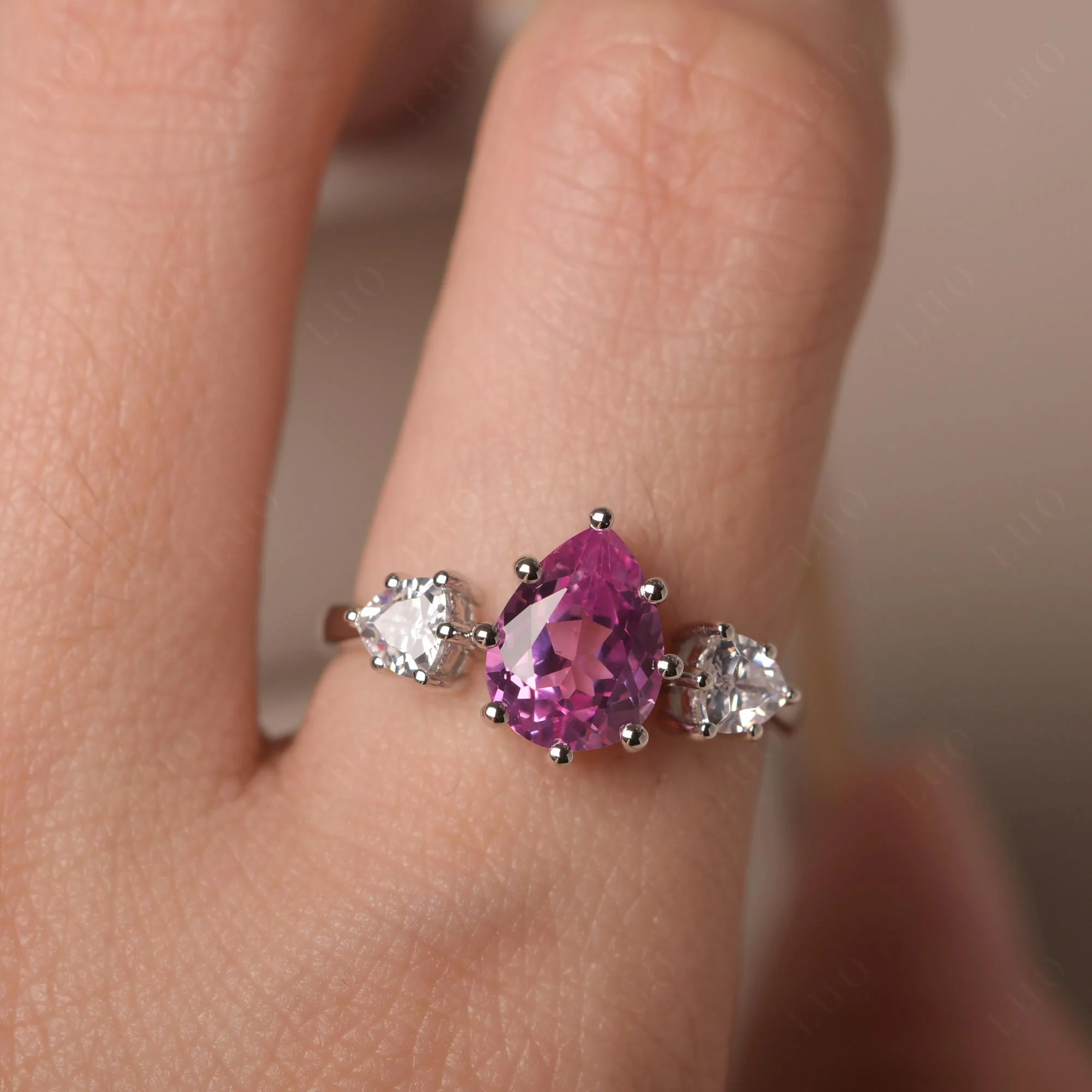 Pear Pink Sapphire Ring with Trillion Side Stone - Image 33