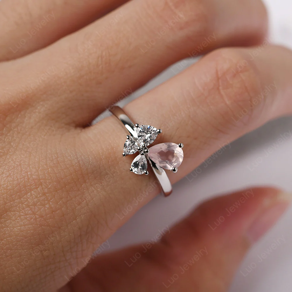 Pear Rose Quartz Cluster Engagement Ring - Image 5