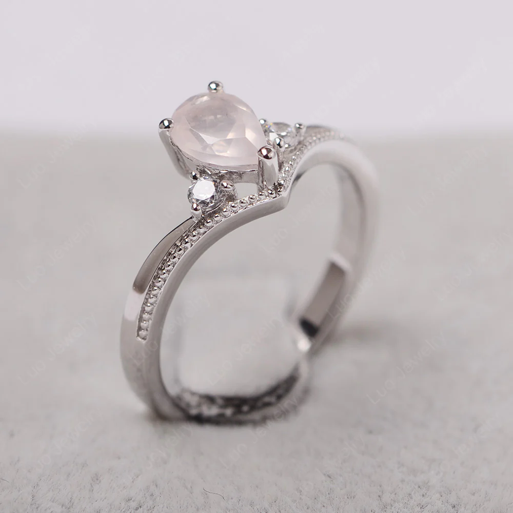 Pear Shaped Rose Quartz Chevron Ring - Image 2