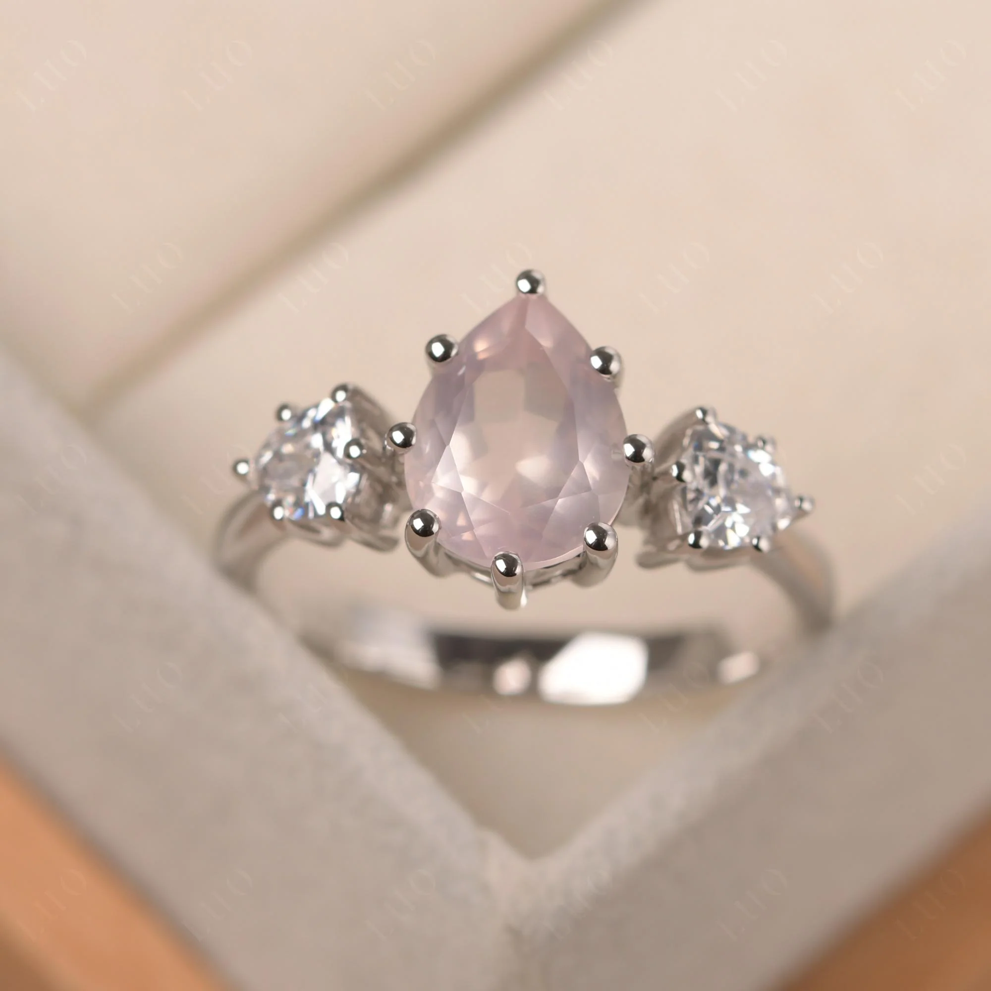Pear Rose Quartz Ring with Trillion Side Stone - Image 29