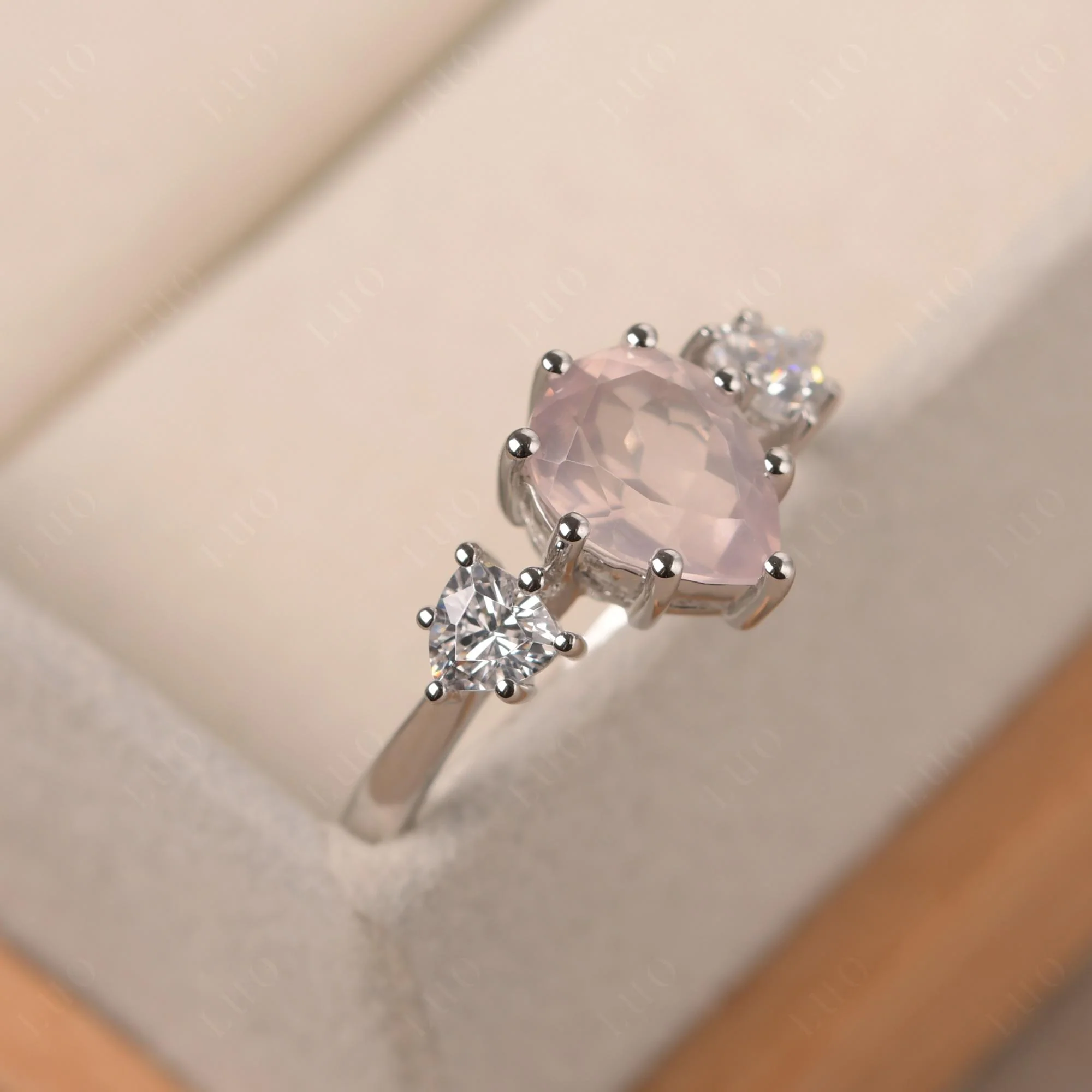 Pear Rose Quartz Ring with Trillion Side Stone - Image 31