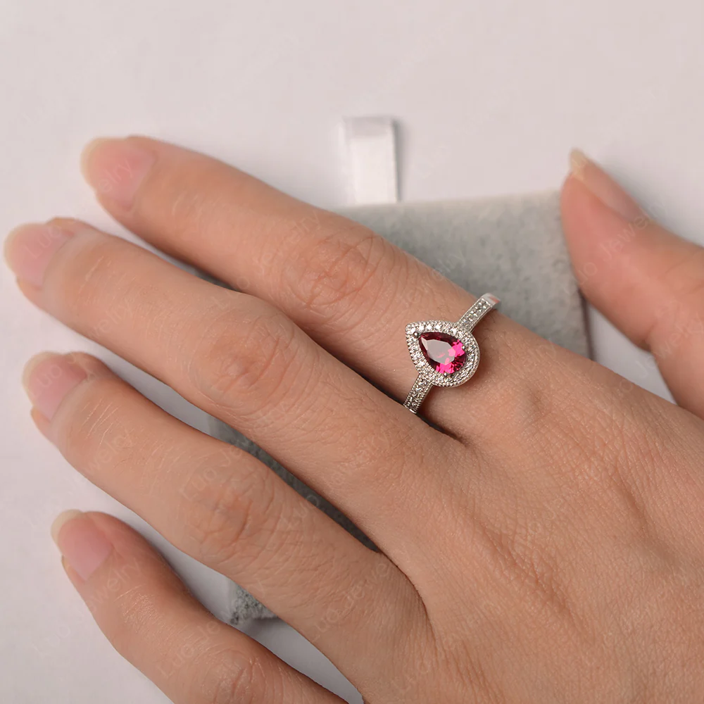 Pear Shaped Ruby Milgrain Halo Ring - Image 3