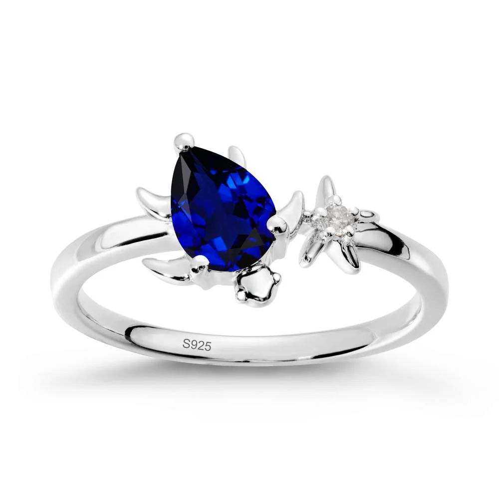 Pear Sapphire Turtle and Starfish Ring