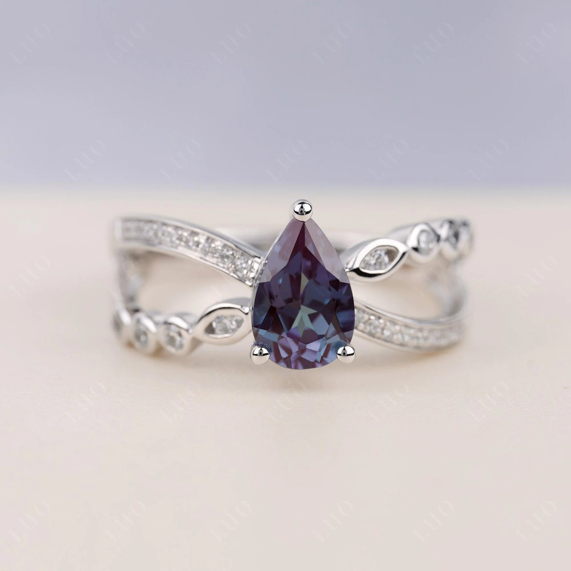 Pear Shaped Alexandrite Crossover Ring