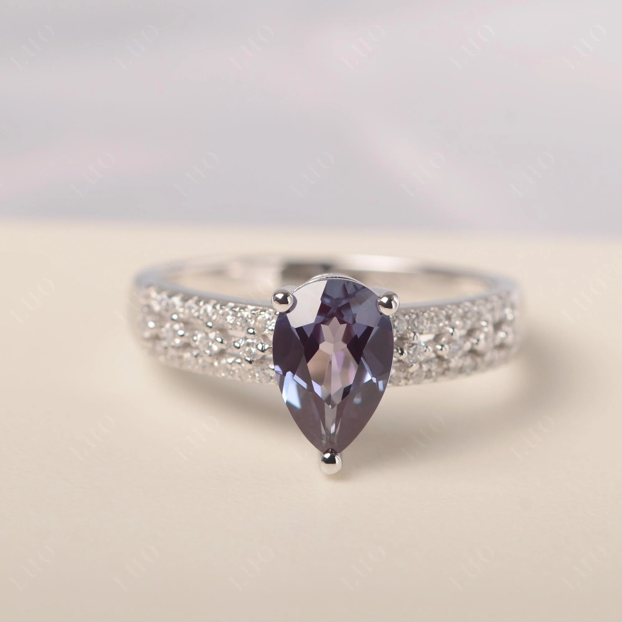 Alexandrite 3 Rows Pave Engagement Ring
