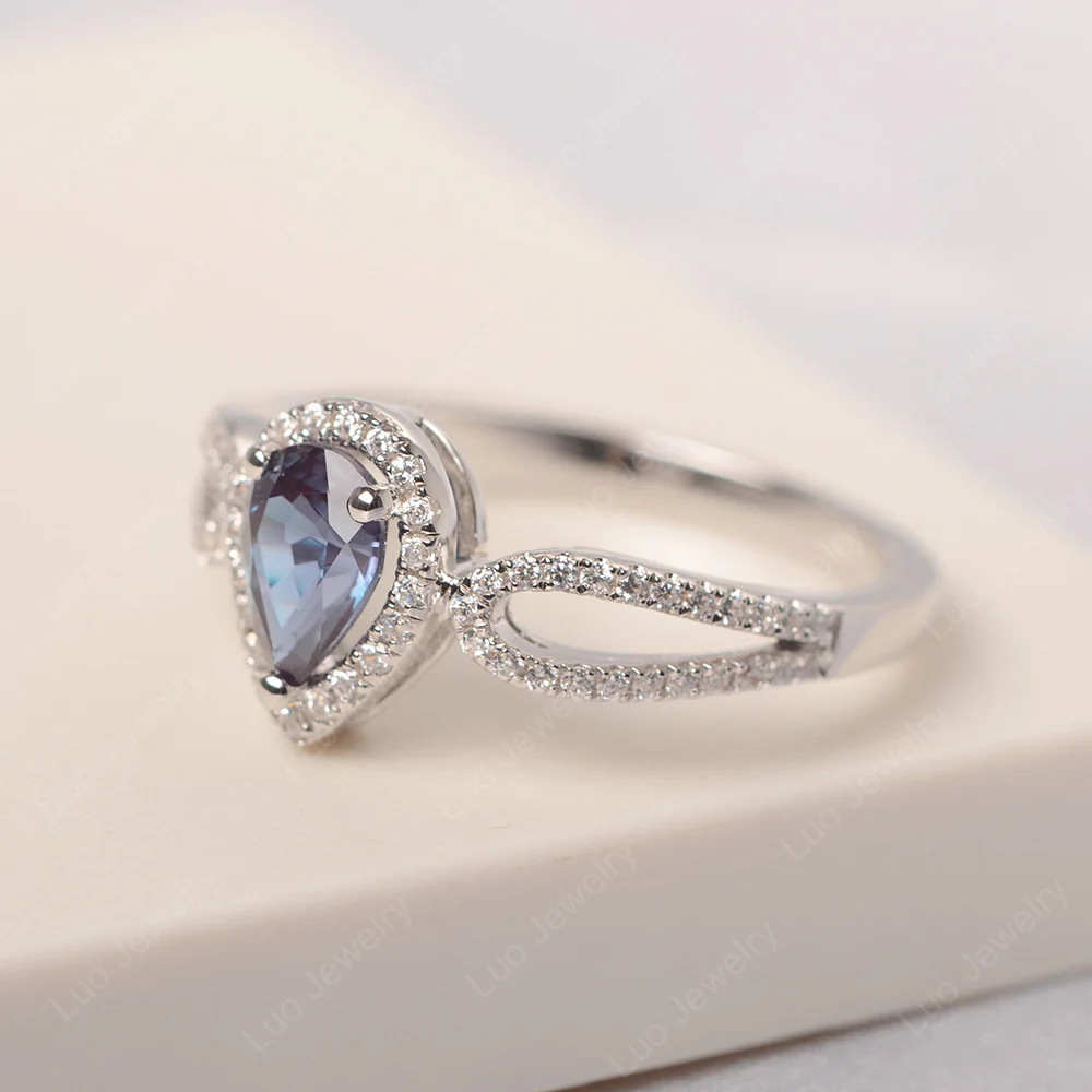 Pear Shaped Alexandrite Halo Engagement Ring - Image 2