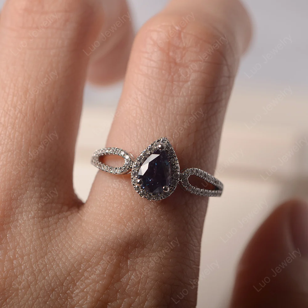 Pear Shaped Alexandrite Halo Engagement Ring - Image 5