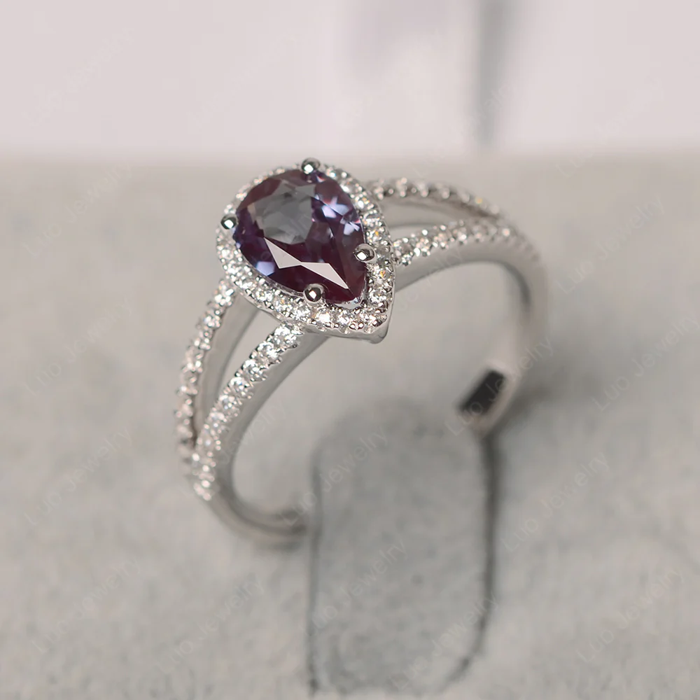 Pear Shaped Alexandrite Halo Split Shank Ring