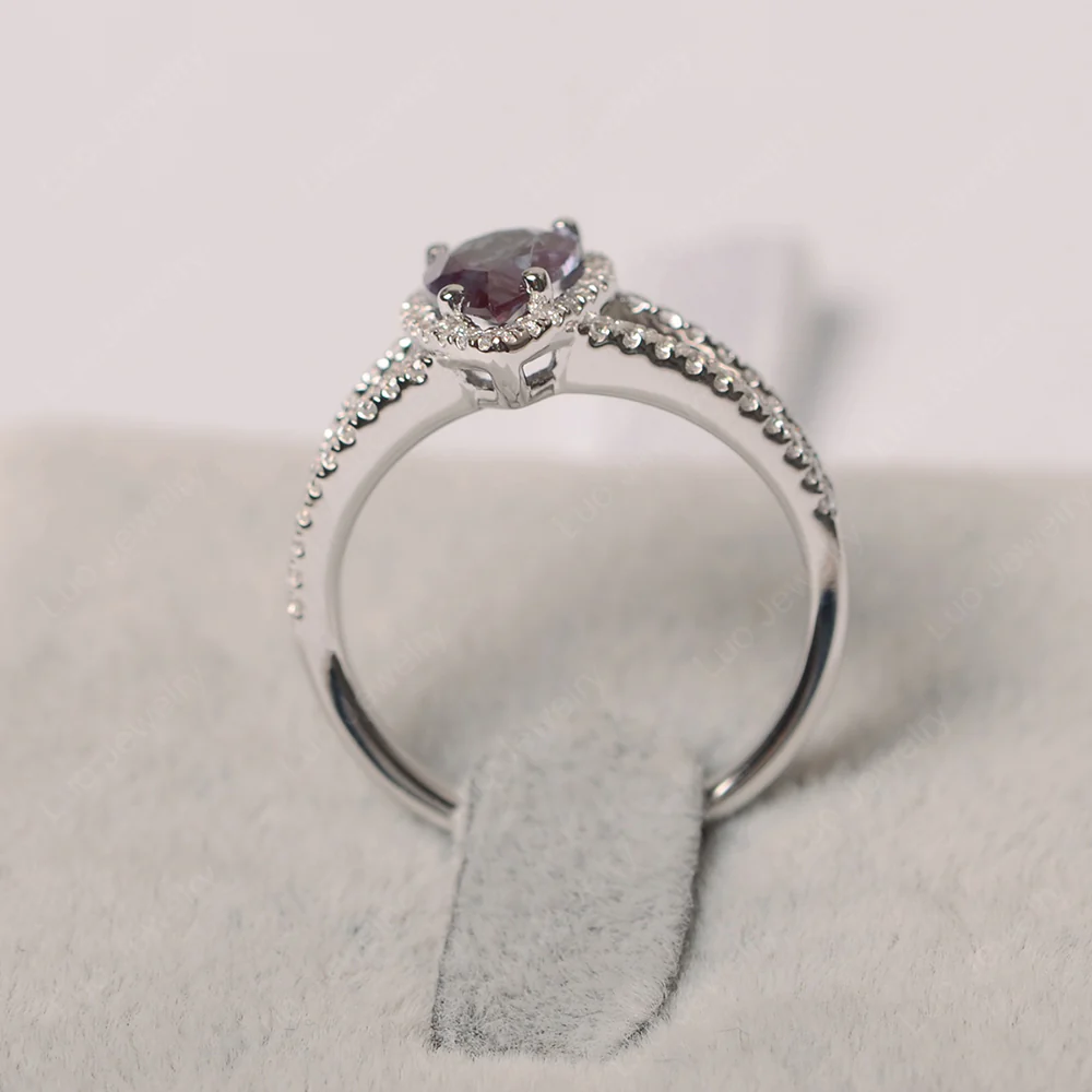 Pear Shaped Alexandrite Halo Split Shank Ring - Image 2