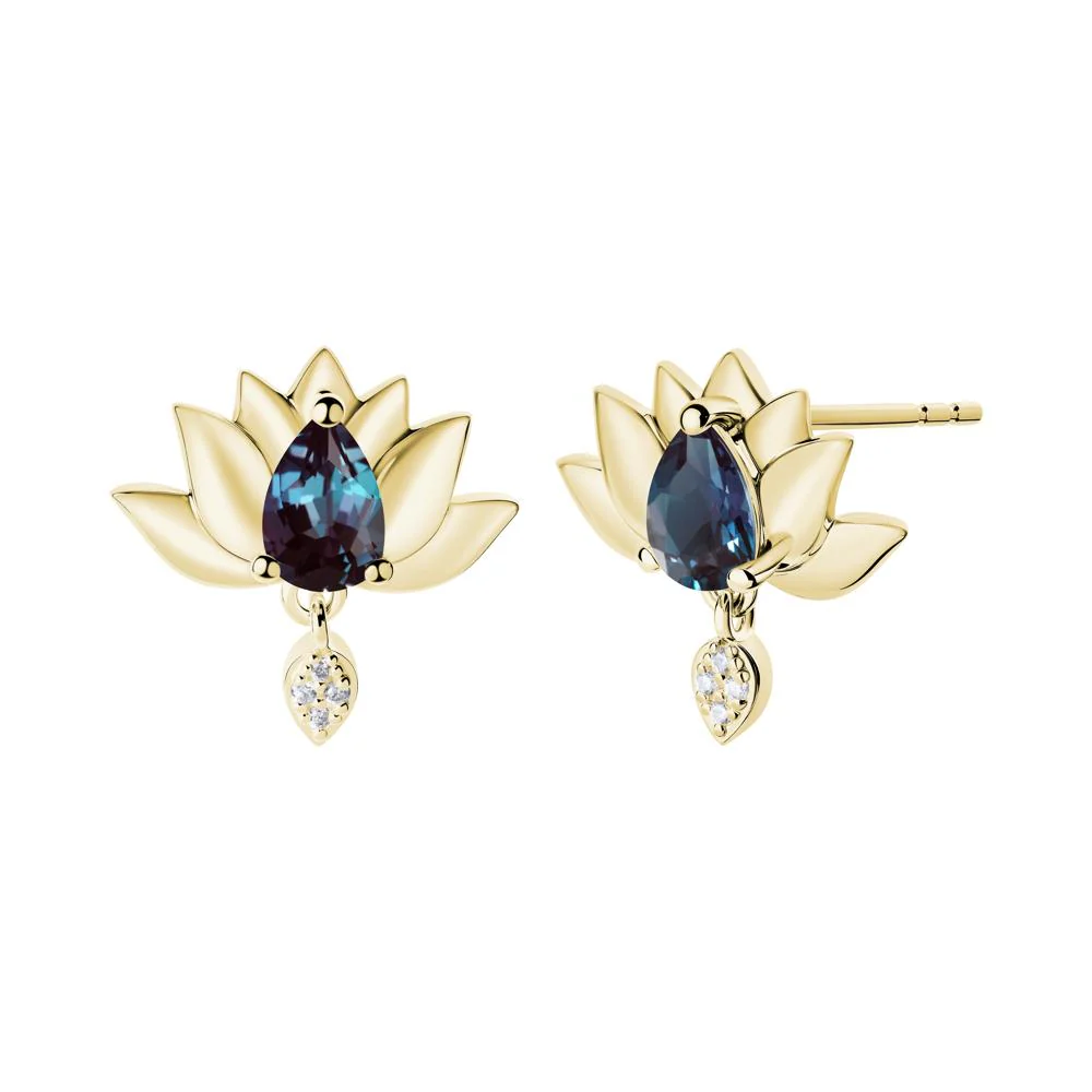 Pear Shaped Alexandrite Lotus Flower Earrings - Image 3