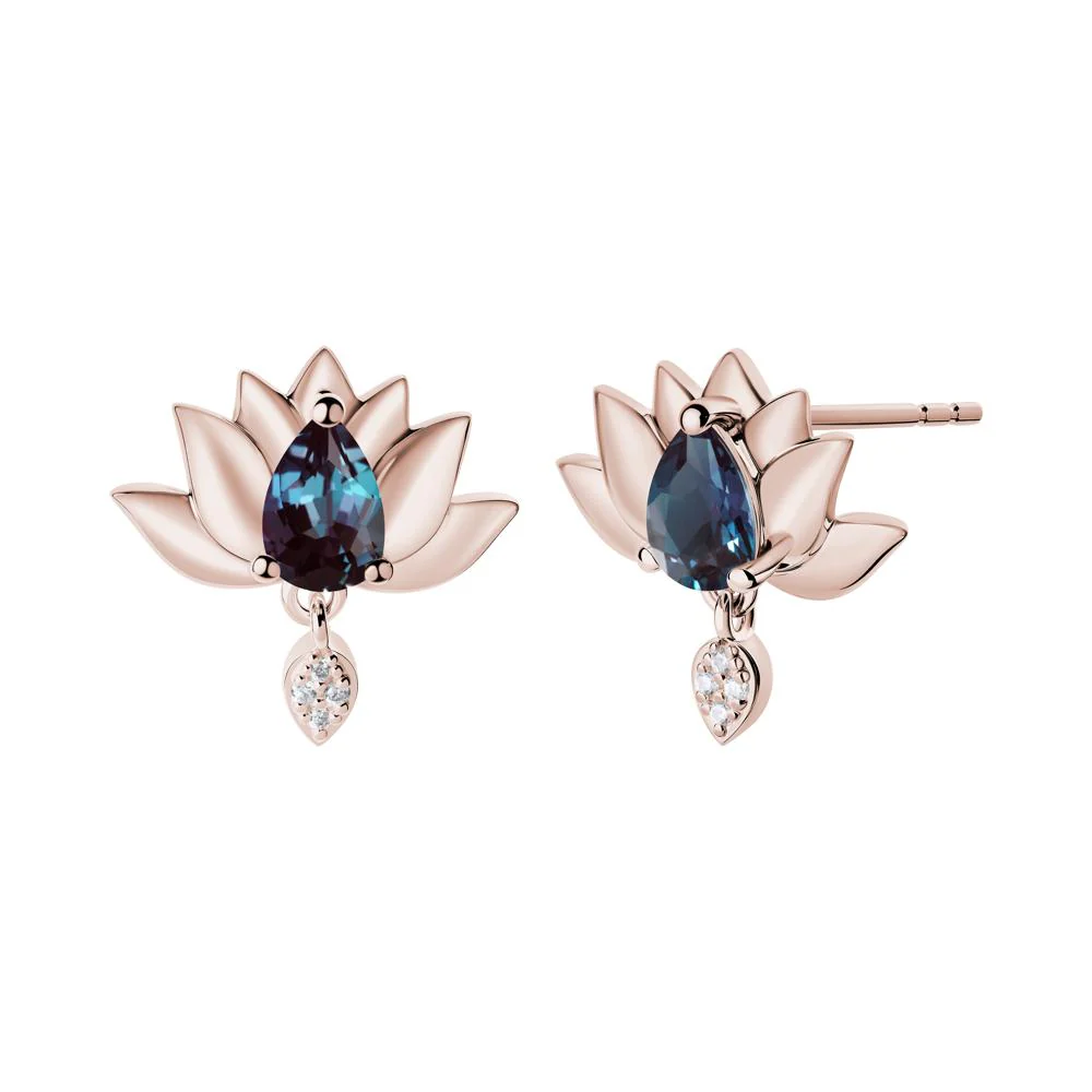 Pear Shaped Alexandrite Lotus Flower Earrings - Image 6