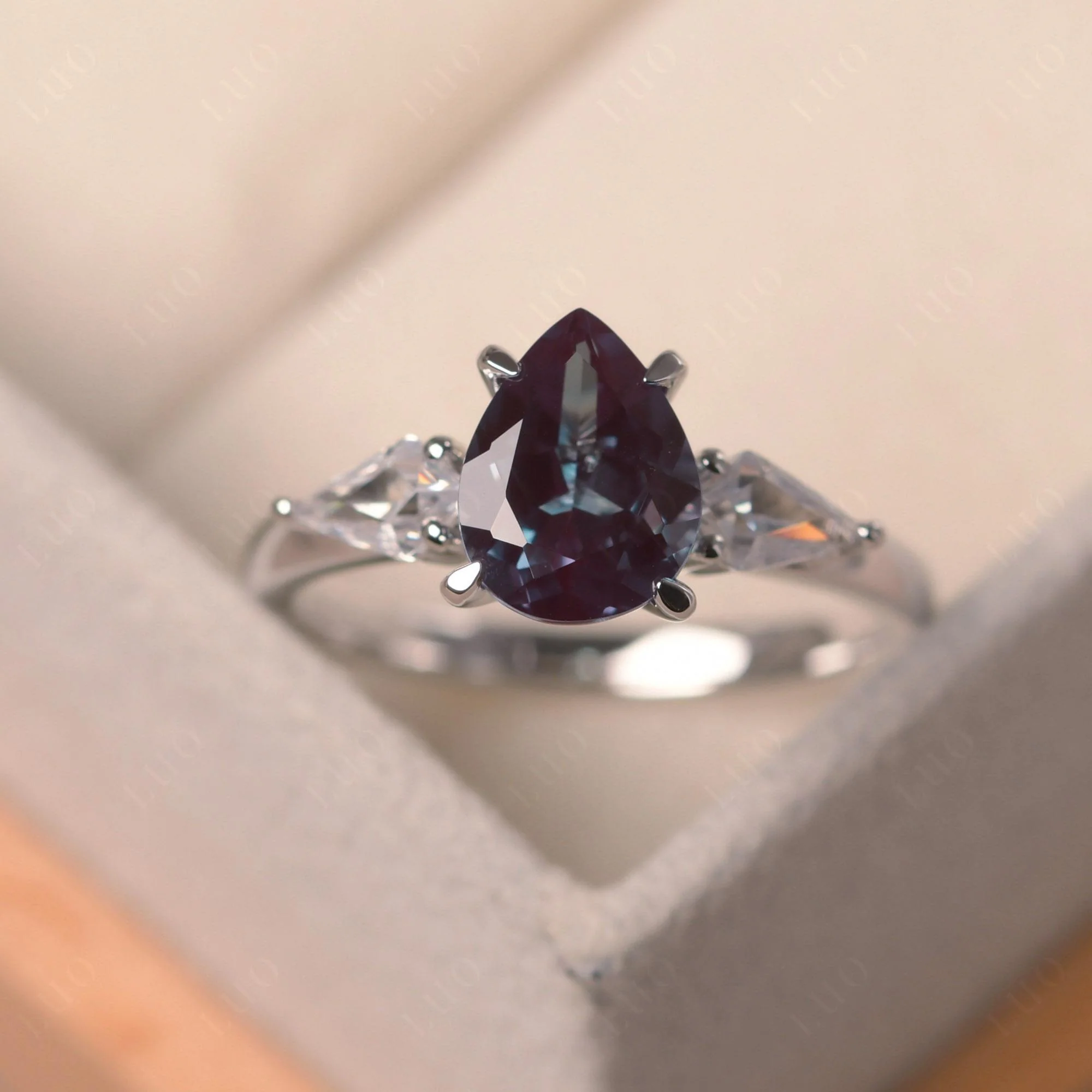 Pear Alexandrite Trilogy Engagement Ring