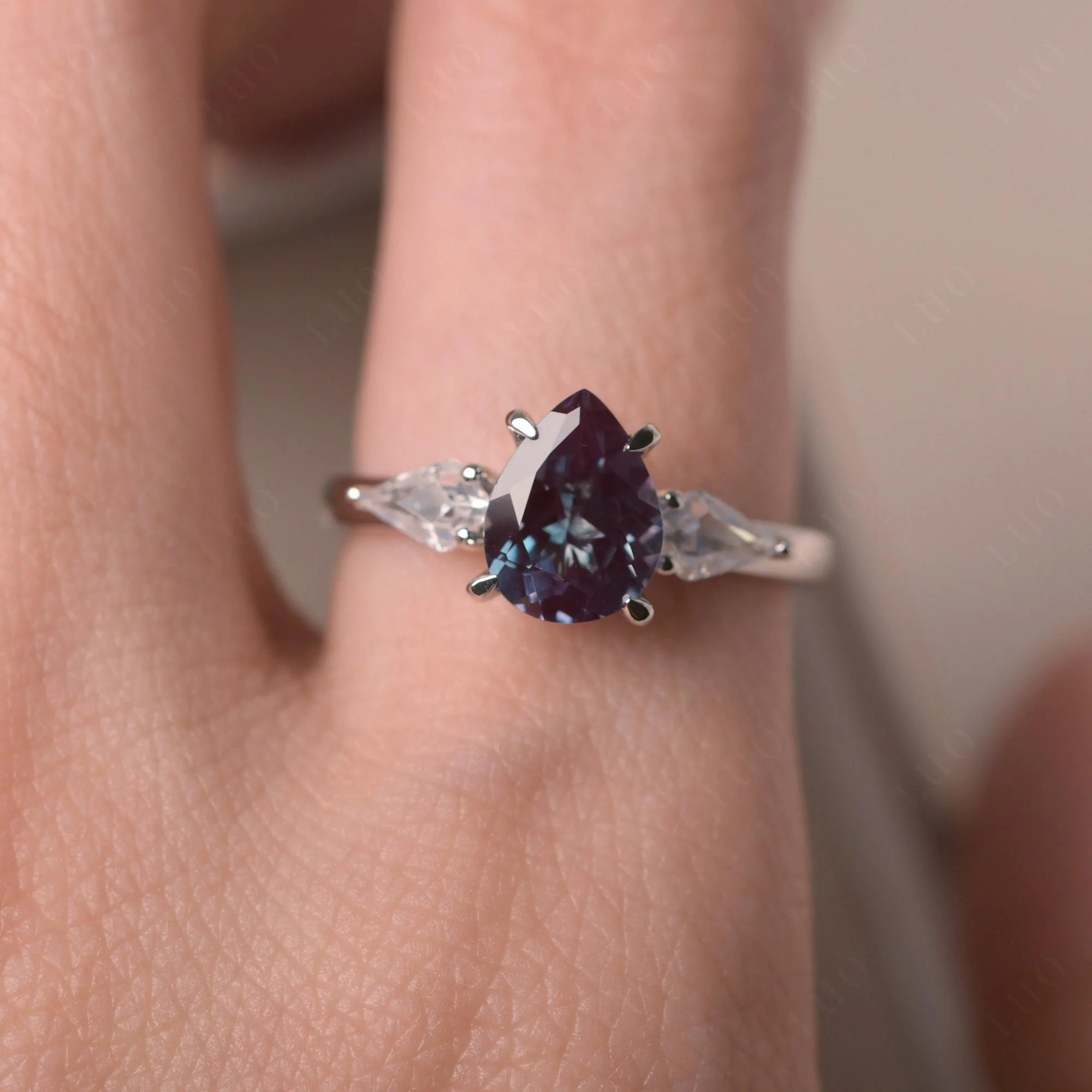 Pear Alexandrite Trilogy Engagement Ring - Image 5