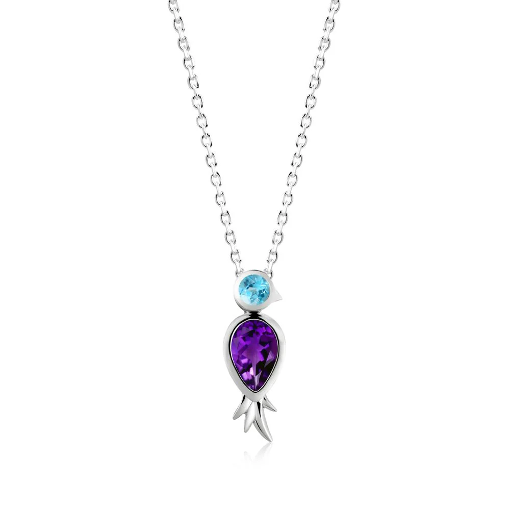 Pear Shaped Amethyst and Swiss Blue Topaz Bird Pendant Neckalce - Image 6