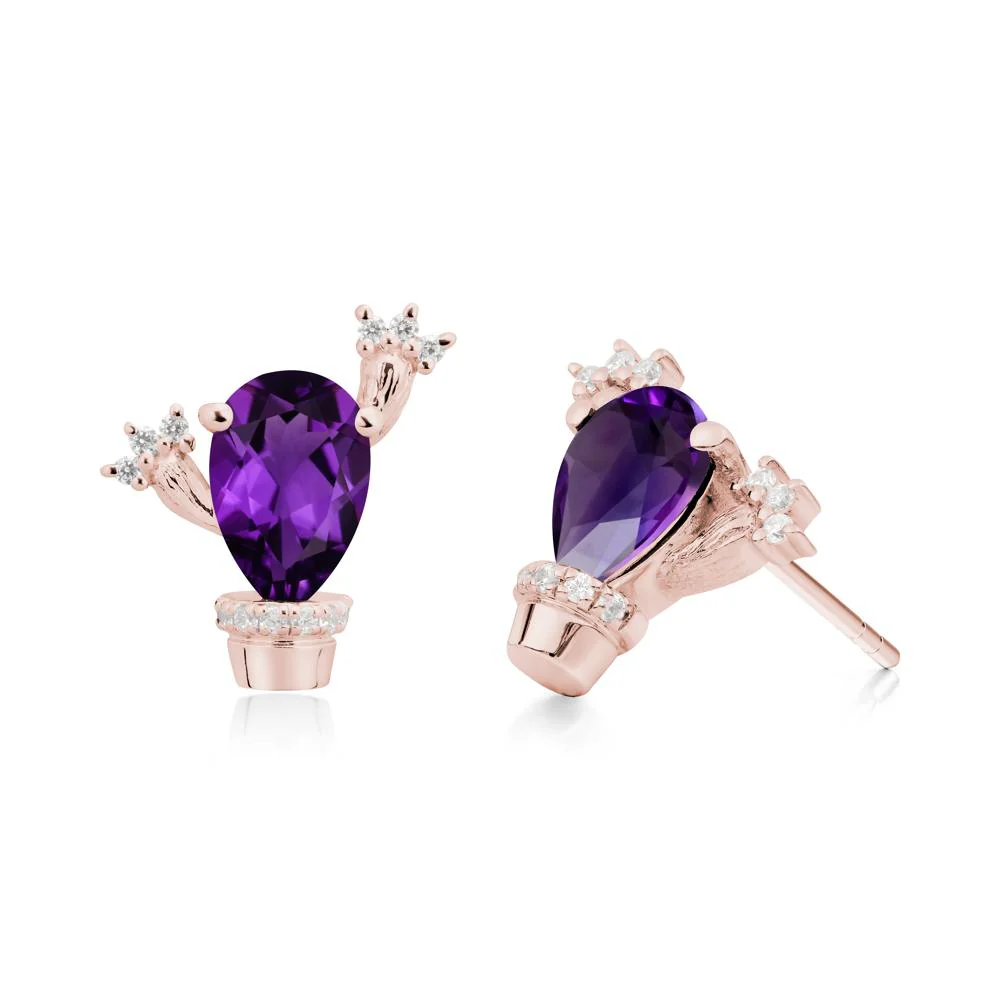 Pear Shaped Amethyst Cactus Stud Earrings - Image 2