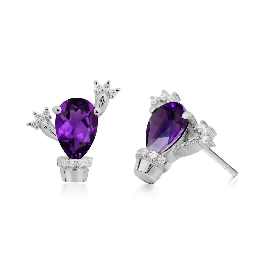 Pear Shaped Amethyst Cactus Stud Earrings - Image 4
