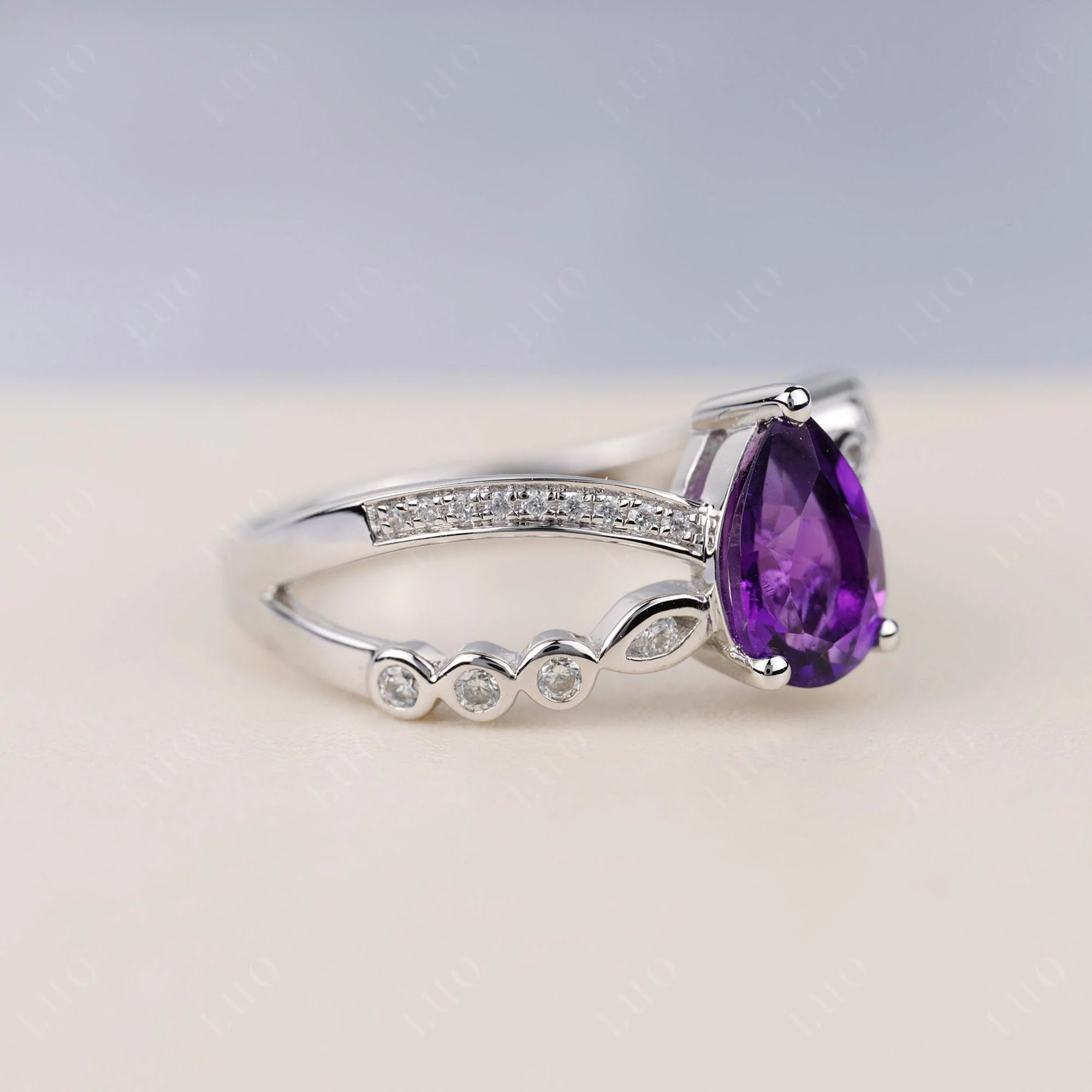Pear Shaped Amethyst Crossover Ring - Image 2