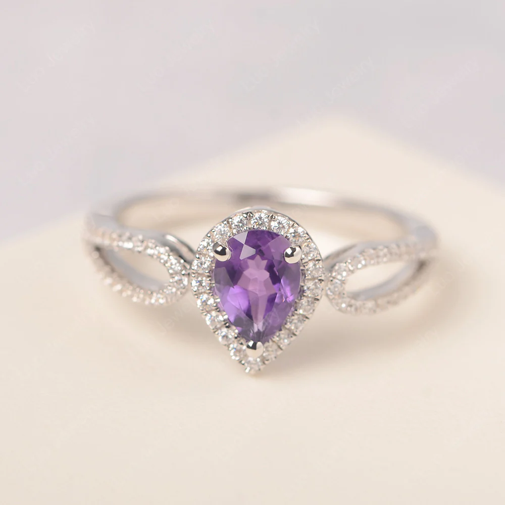 Pear Shaped Amethyst Halo Engagement Ring