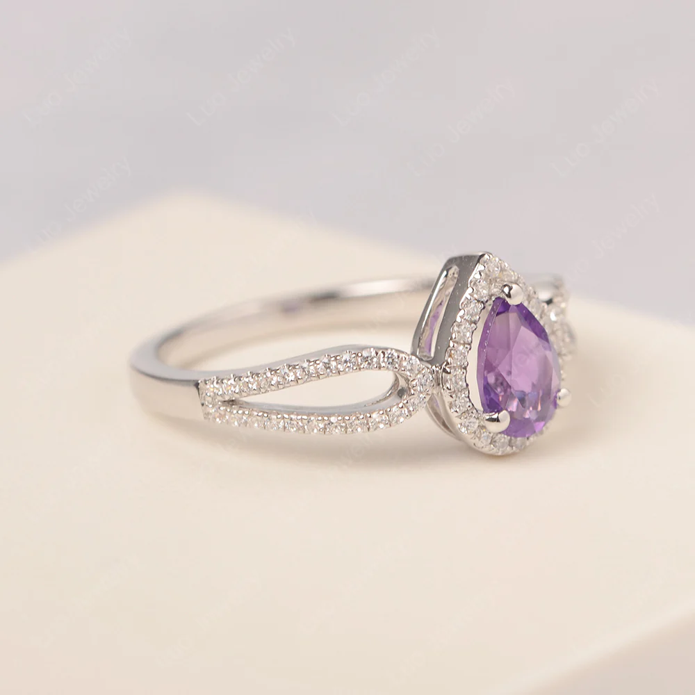 Pear Shaped Amethyst Halo Engagement Ring - Image 2