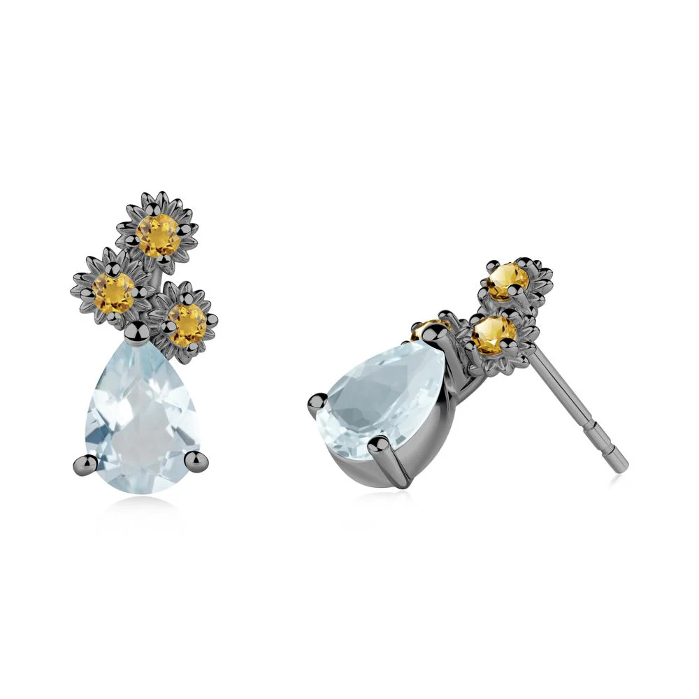Pear Shaped Aquamarine and Citrine Sunflower Stud Earrings