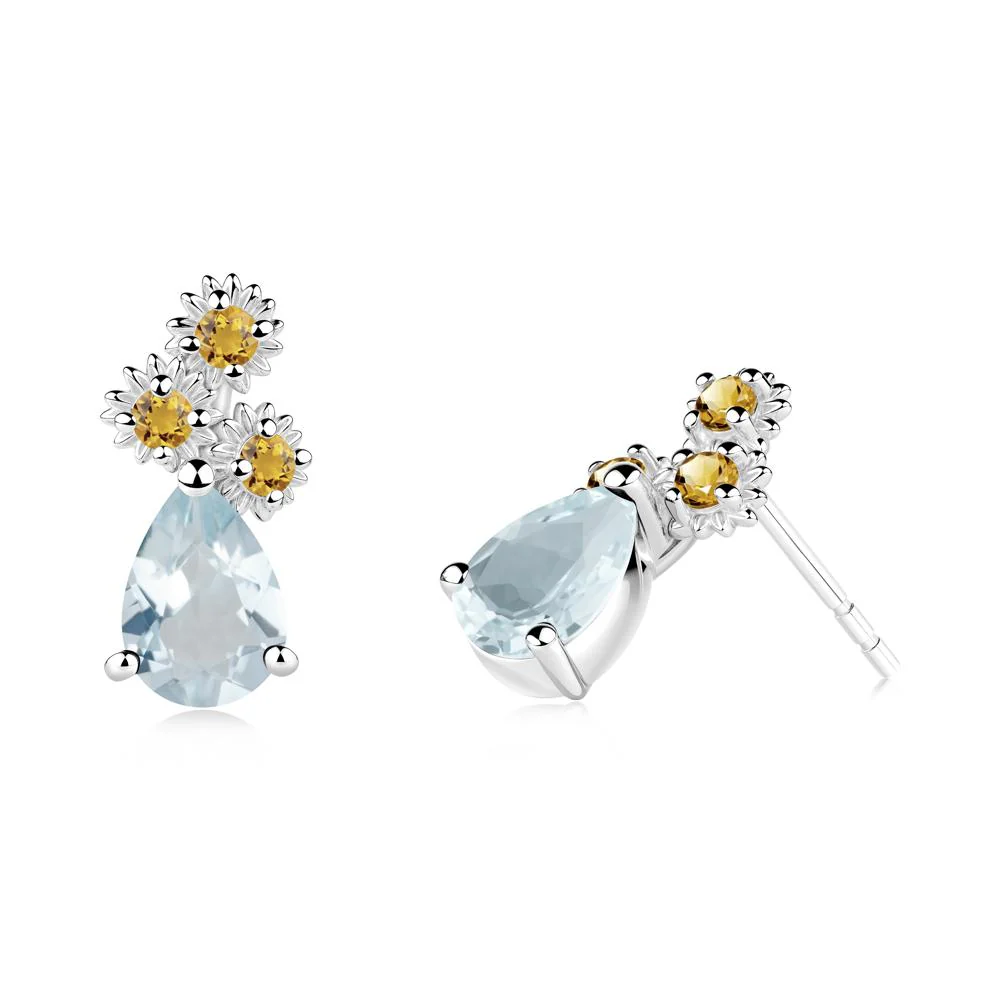 Pear Shaped Aquamarine and Citrine Sunflower Stud Earrings - Image 3