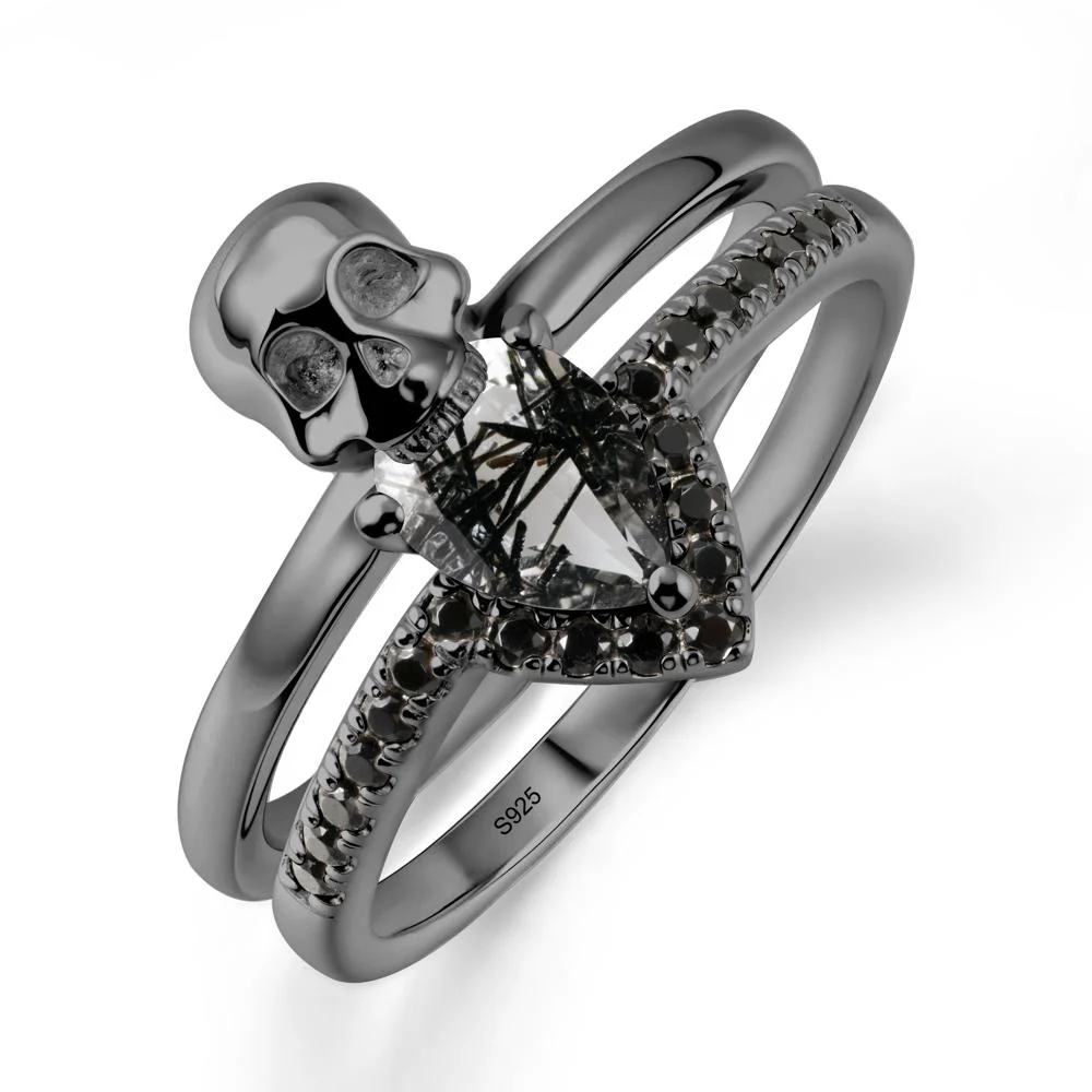 Pear Shaped Black Rutilated Quartz and Black Spinel Halloween Ring - Image 8
