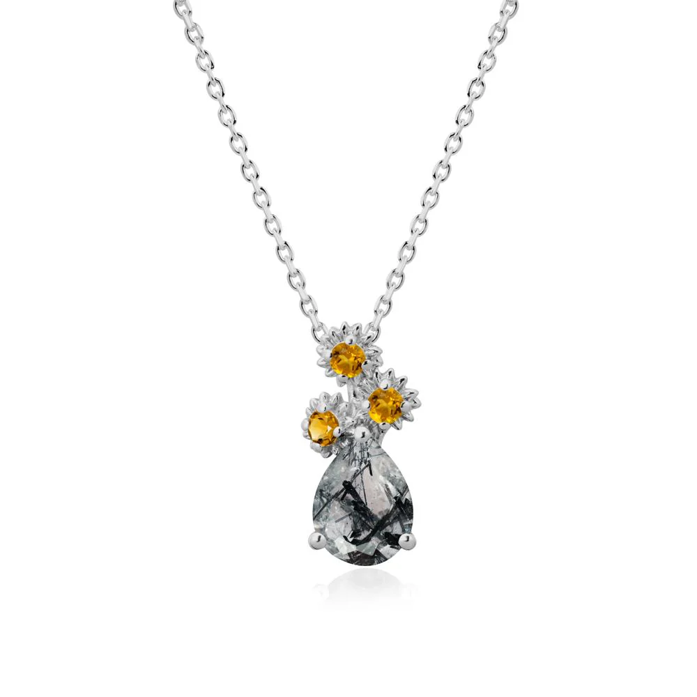 Pear Shaped Black Rutilated Quartz and Citrine Sunflower Necklace