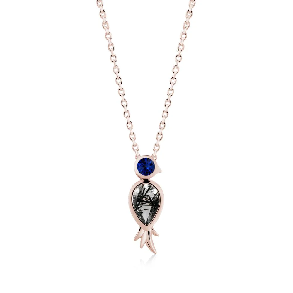 Pear Shaped Black Rutilated Quartz and Sapphire Bird Pendant Neckalce