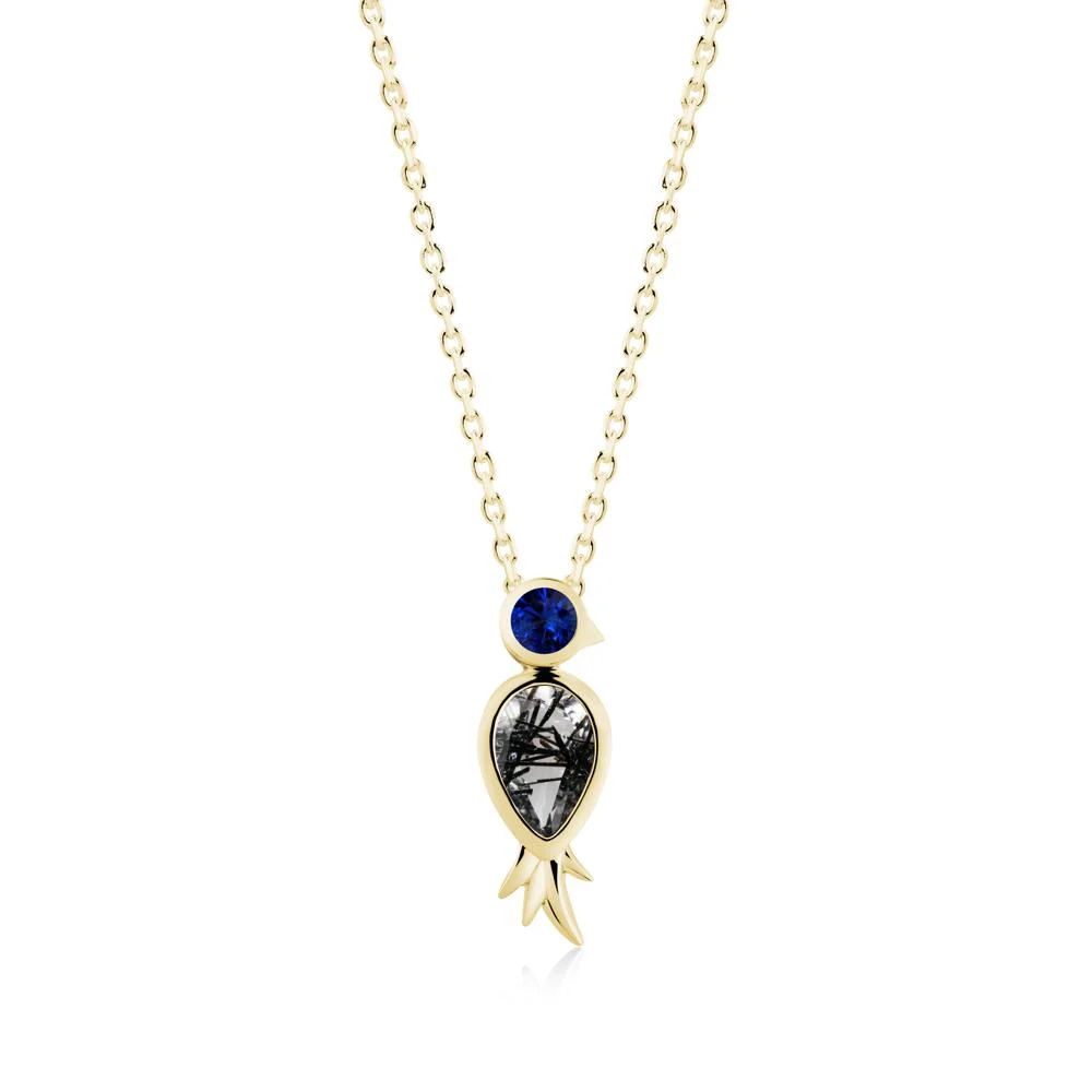Pear Shaped Black Rutilated Quartz and Sapphire Bird Pendant Neckalce - Image 4