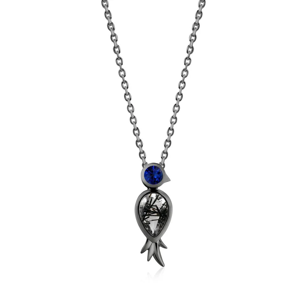 Pear Shaped Black Rutilated Quartz and Sapphire Bird Pendant Neckalce - Image 6