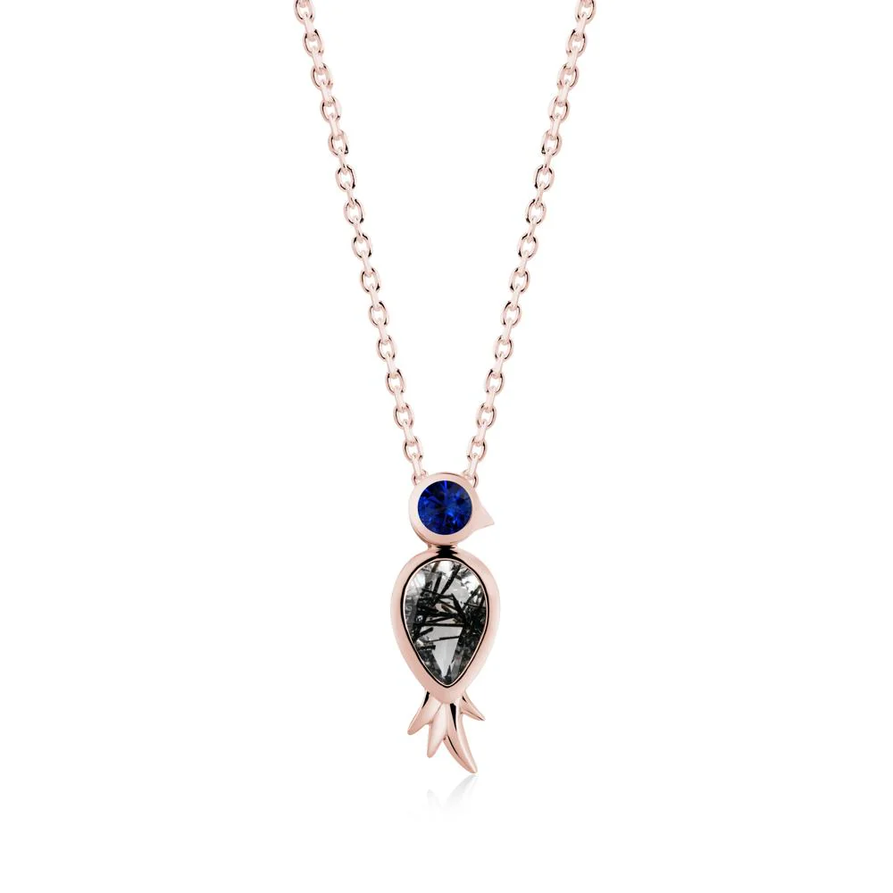 Pear Shaped Black Rutilated Quartz and Sapphire Bird Pendant Neckalce - Image 7