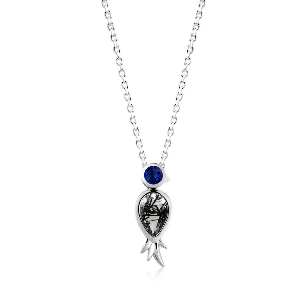Pear Shaped Black Rutilated Quartz and Sapphire Bird Pendant Neckalce - Image 8
